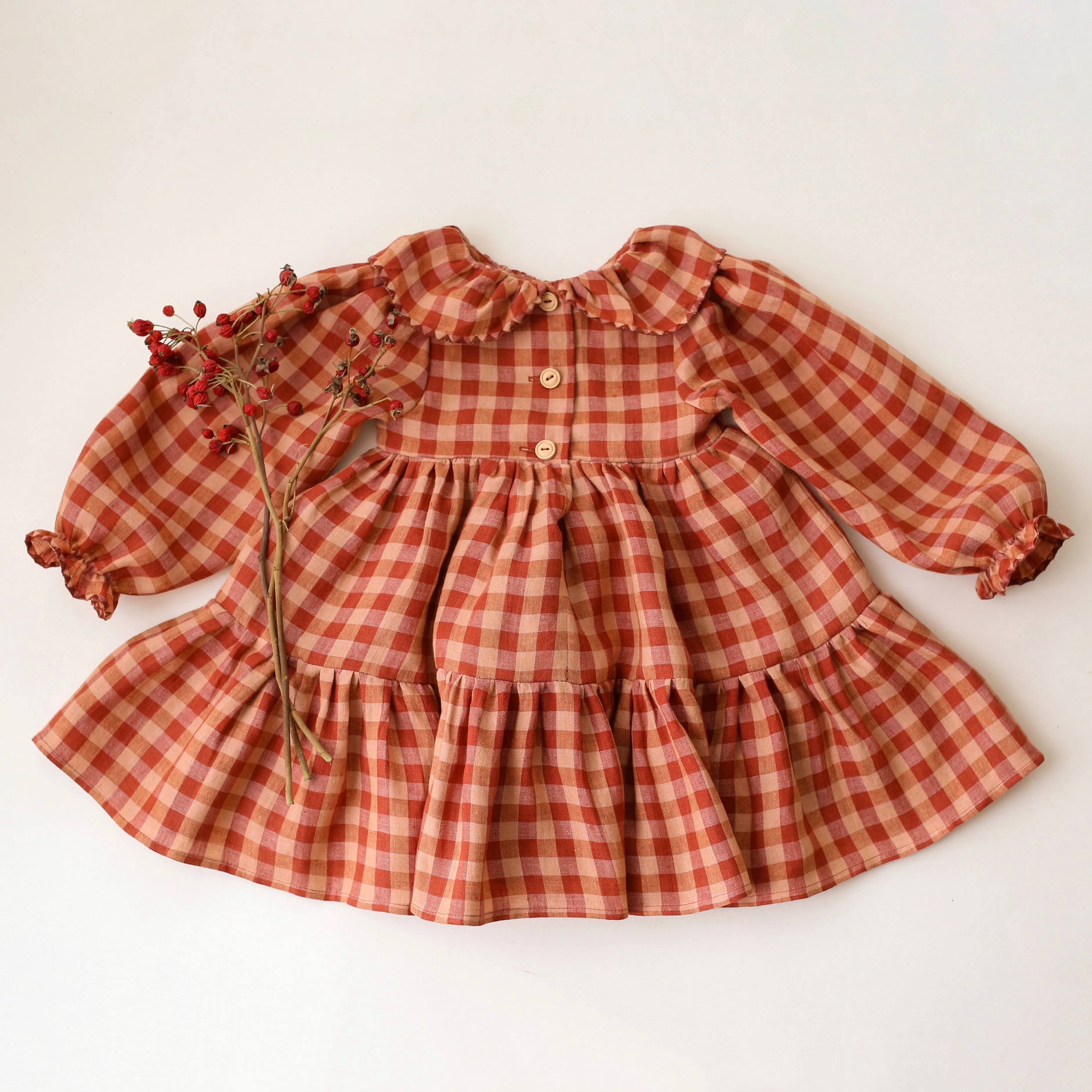 Butternut Check Linen Long Sleeve Peter Pan Collar Tiered Dress