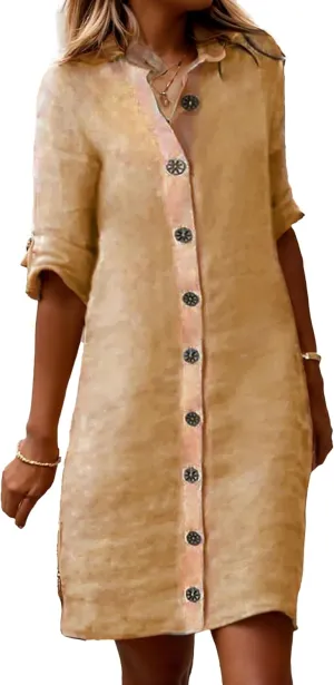 Button Down Dress for Women Casual Linen Flowy Shift Midi Dress Summer V Neck Half Sleeve Loose Beach Shirt Dresses