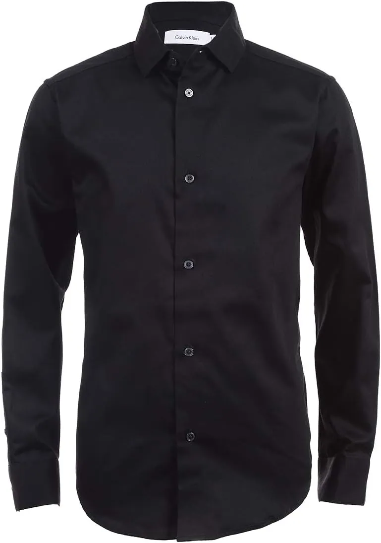 Calvin Klein Boys' Long Sleeve Buttoned Cuffs & Shirttail Hem Sateen Dress Shirt