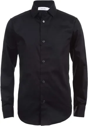 Calvin Klein Boys' Long Sleeve Buttoned Cuffs & Shirttail Hem Sateen Dress Shirt