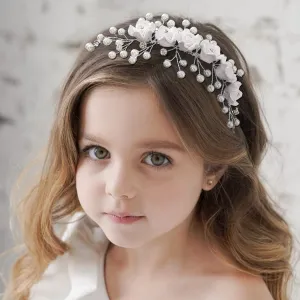 Campsis Flower Girl Headpiece White Pearl Wedding Headbands Rhinestone Hair Piece Tiara Bridal Bride for Women and Girls