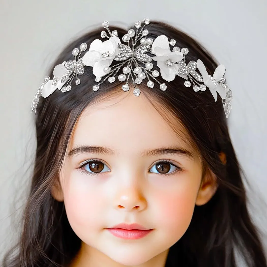 Campsis Flower Girl Heapiece White Pearl Headband Crystal First Communion Hair Accessory for Women and Girls
