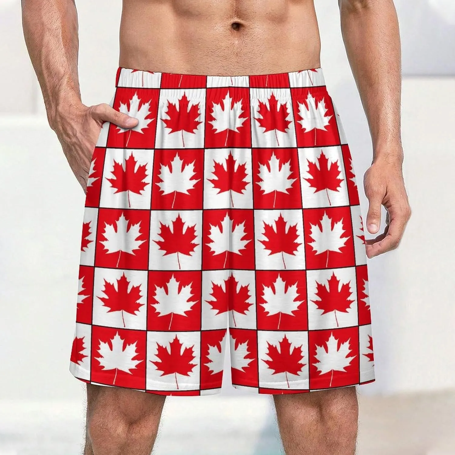 Canada Day Maple Leaf Men's Satin Pajama Boxer Shorts Silk Feeling Lounge Sleep Underwear