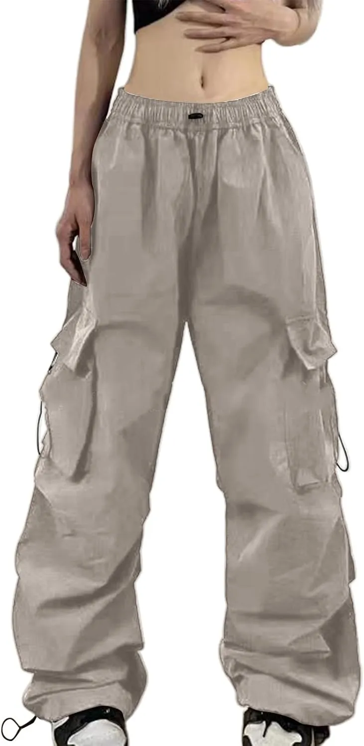 Cargo Pants for Women Y2K Baggy Wide Leg Parachute Pant High Waist Trendy Stretchy Hiking Track Trousers with Pockets