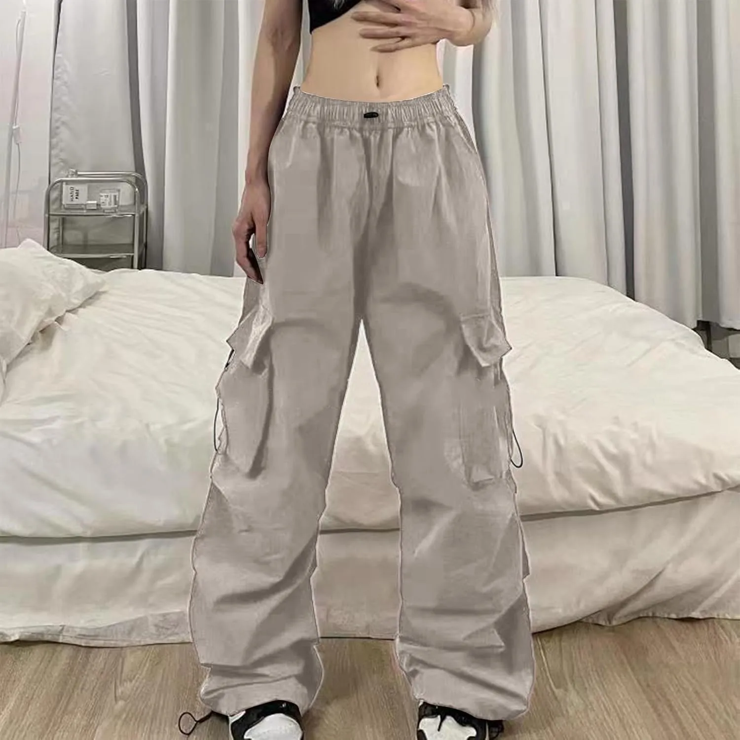 Cargo Pants for Women Y2K Baggy Wide Leg Parachute Pant High Waist Trendy Stretchy Hiking Track Trousers with Pockets