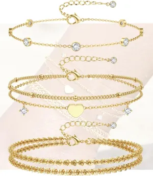 CASSIECA Gold Ankle Bracelets for Women - 14k Gold Plated Anklets Waterproof Stainless Steel Layered Heart Cuban Link Chain Herringbone Anklets for Women Summer Beach Jewelry Gift Adjustable Size 5pc