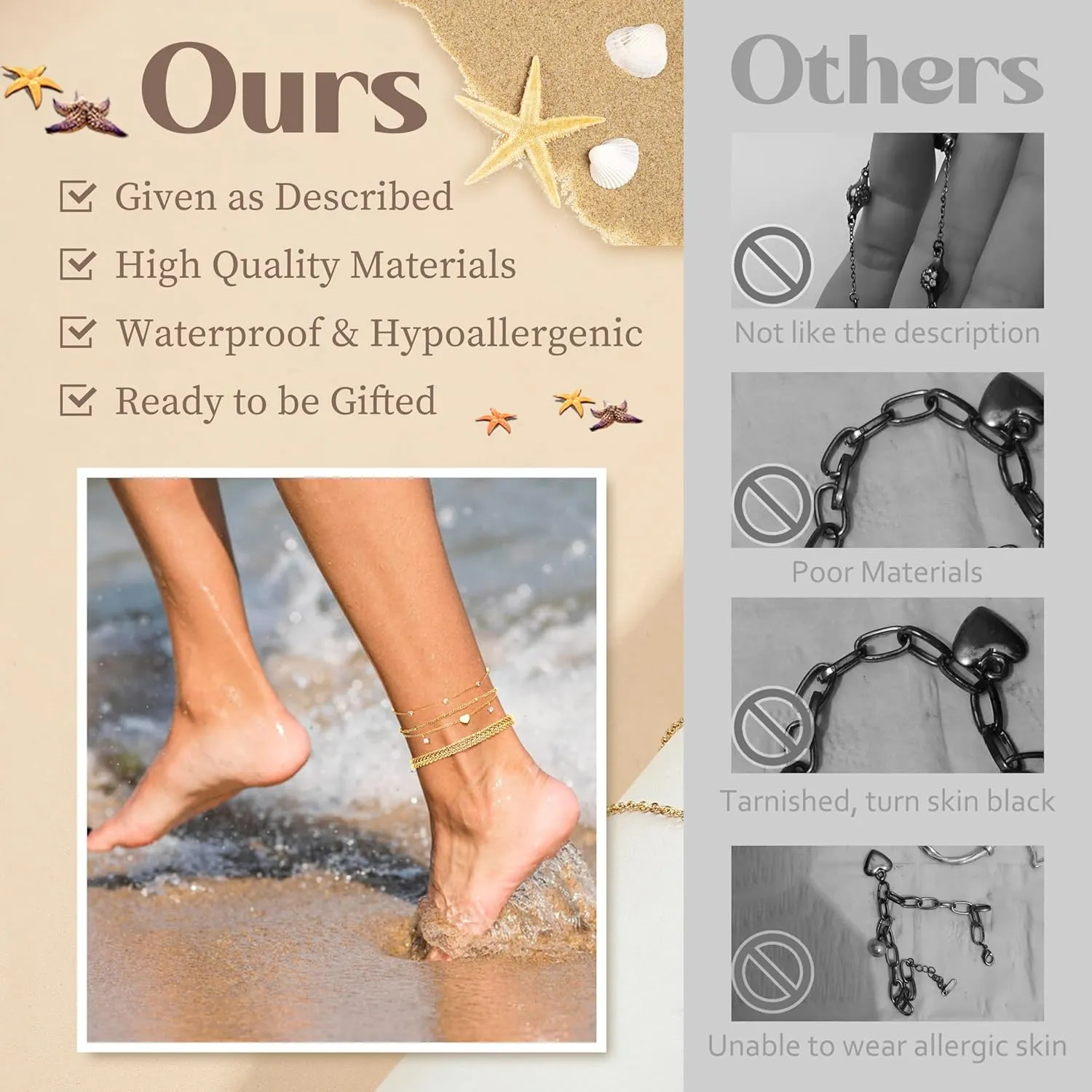 CASSIECA Gold Ankle Bracelets for Women - 14k Gold Plated Anklets Waterproof Stainless Steel Layered Heart Cuban Link Chain Herringbone Anklets for Women Summer Beach Jewelry Gift Adjustable Size 5pc