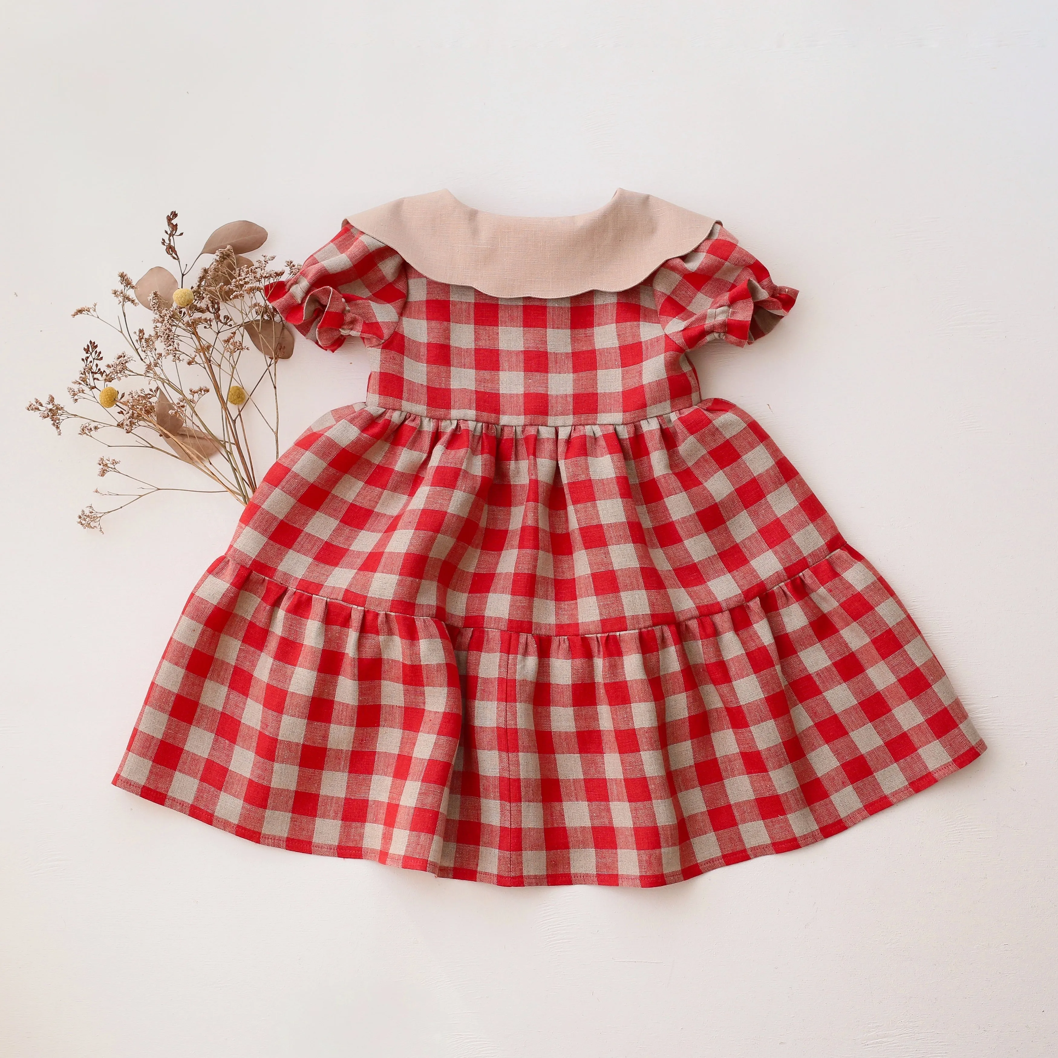 Cherry Check Linen Short Sleeve Tiered Dress with Scalloped Collar in Beige Linen with "Strawberry" Embroidery