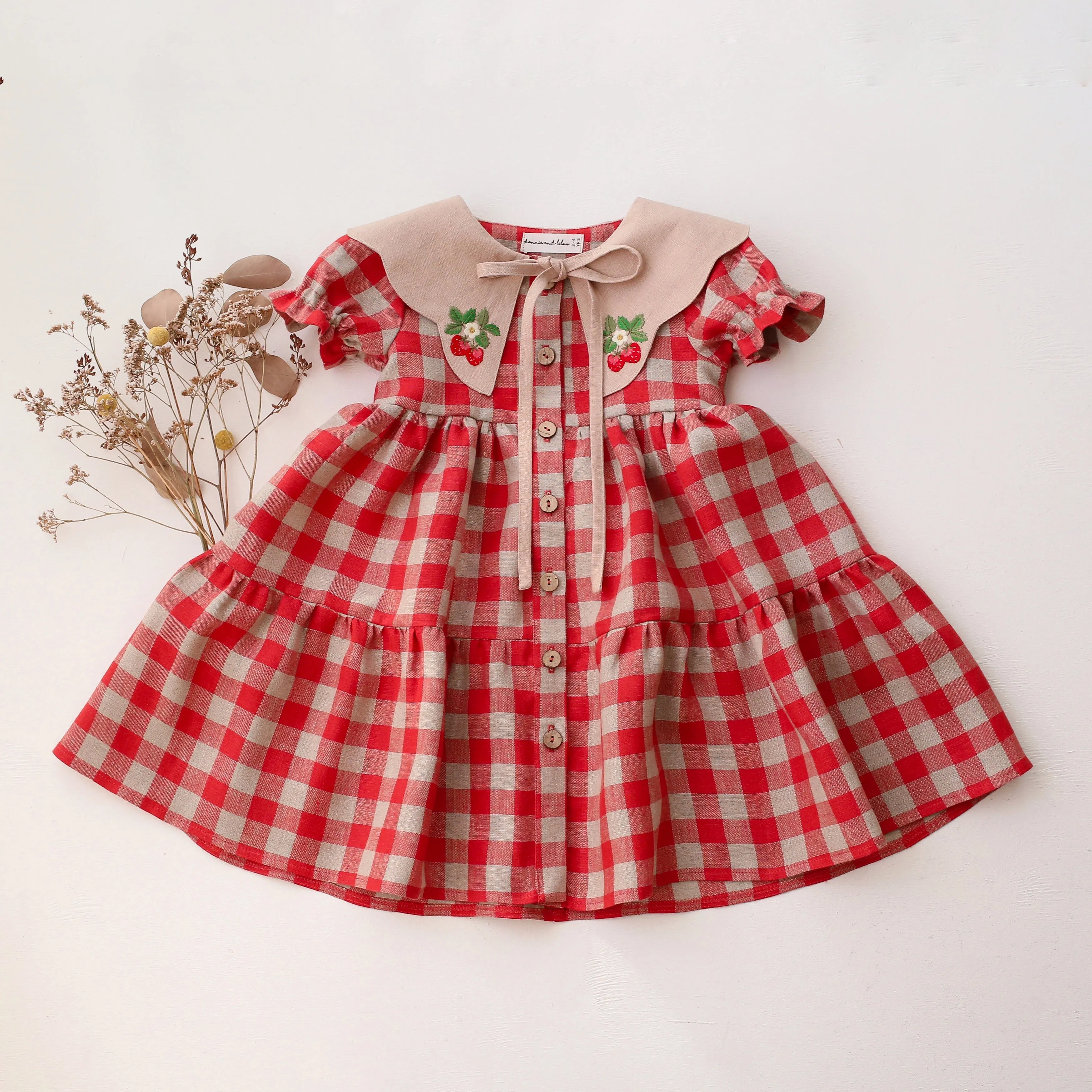 Cherry Check Linen Short Sleeve Tiered Dress with Scalloped Collar in Beige Linen with "Strawberry" Embroidery