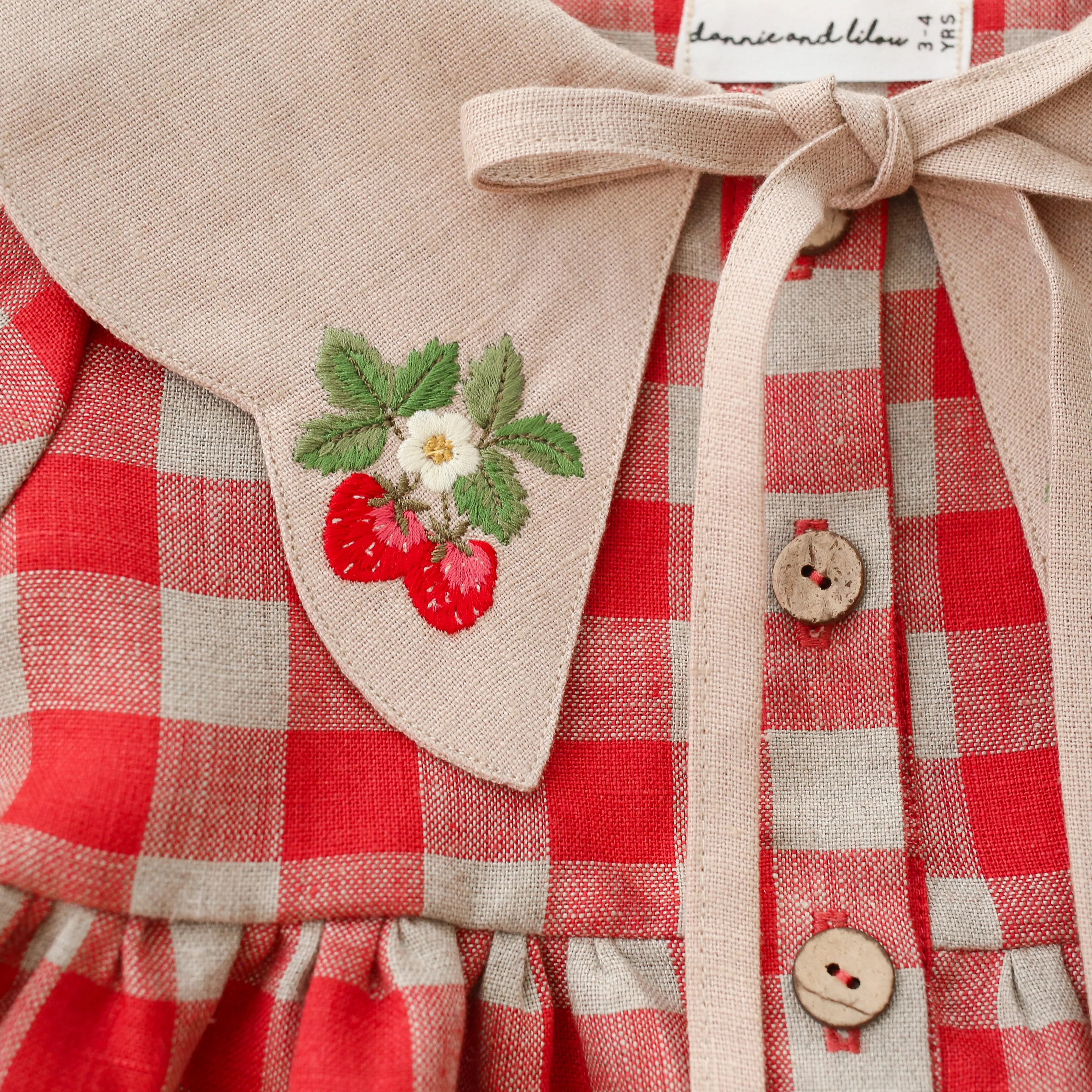 Cherry Check Linen Short Sleeve Tiered Dress with Scalloped Collar in Beige Linen with "Strawberry" Embroidery
