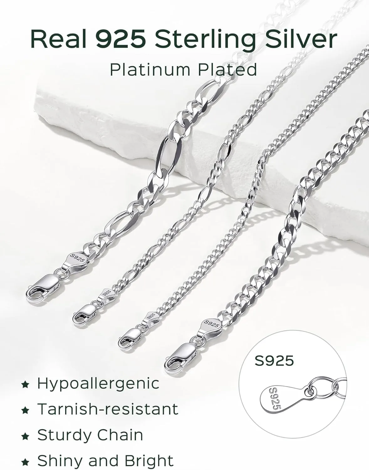 ChicSilver 925 Sterling Silver Ankle Bracelet for Women, Simple Cuban Link/Figaro/Twist Rope Chain Anklets for Beach Party(with Gift Box)