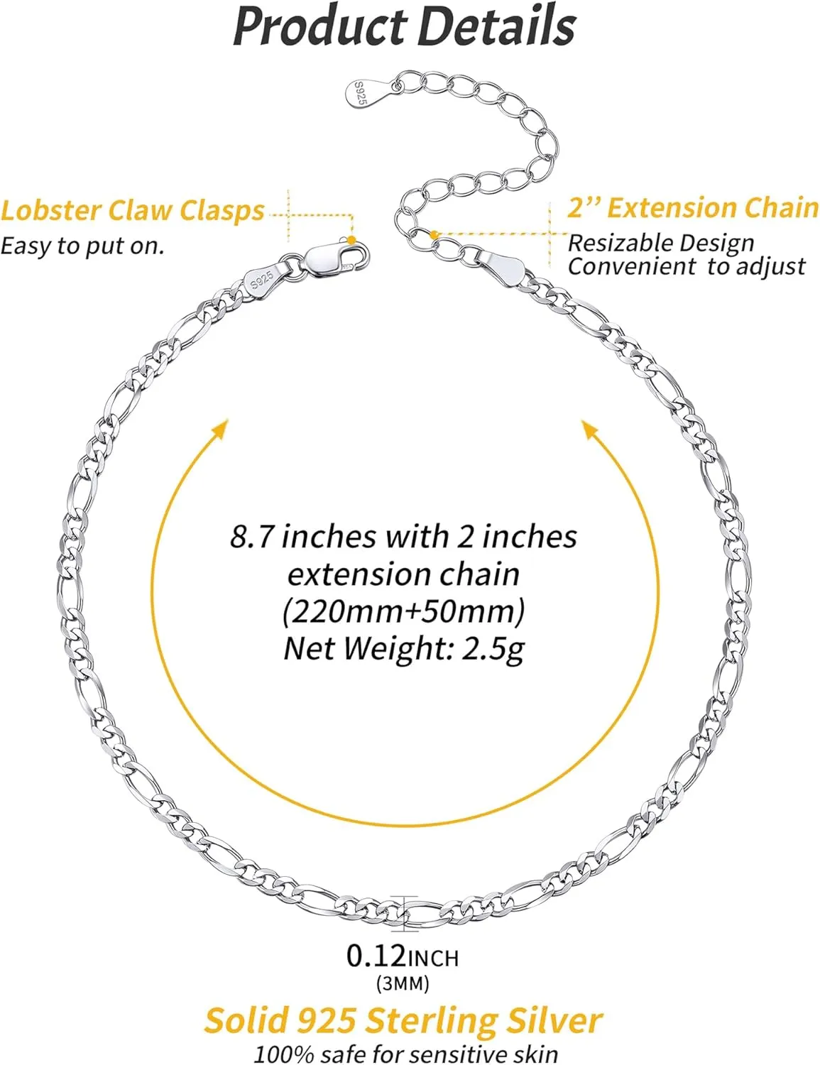 ChicSilver 925 Sterling Silver Ankle Bracelet for Women, Simple Cuban Link/Figaro/Twist Rope Chain Anklets for Beach Party(with Gift Box)
