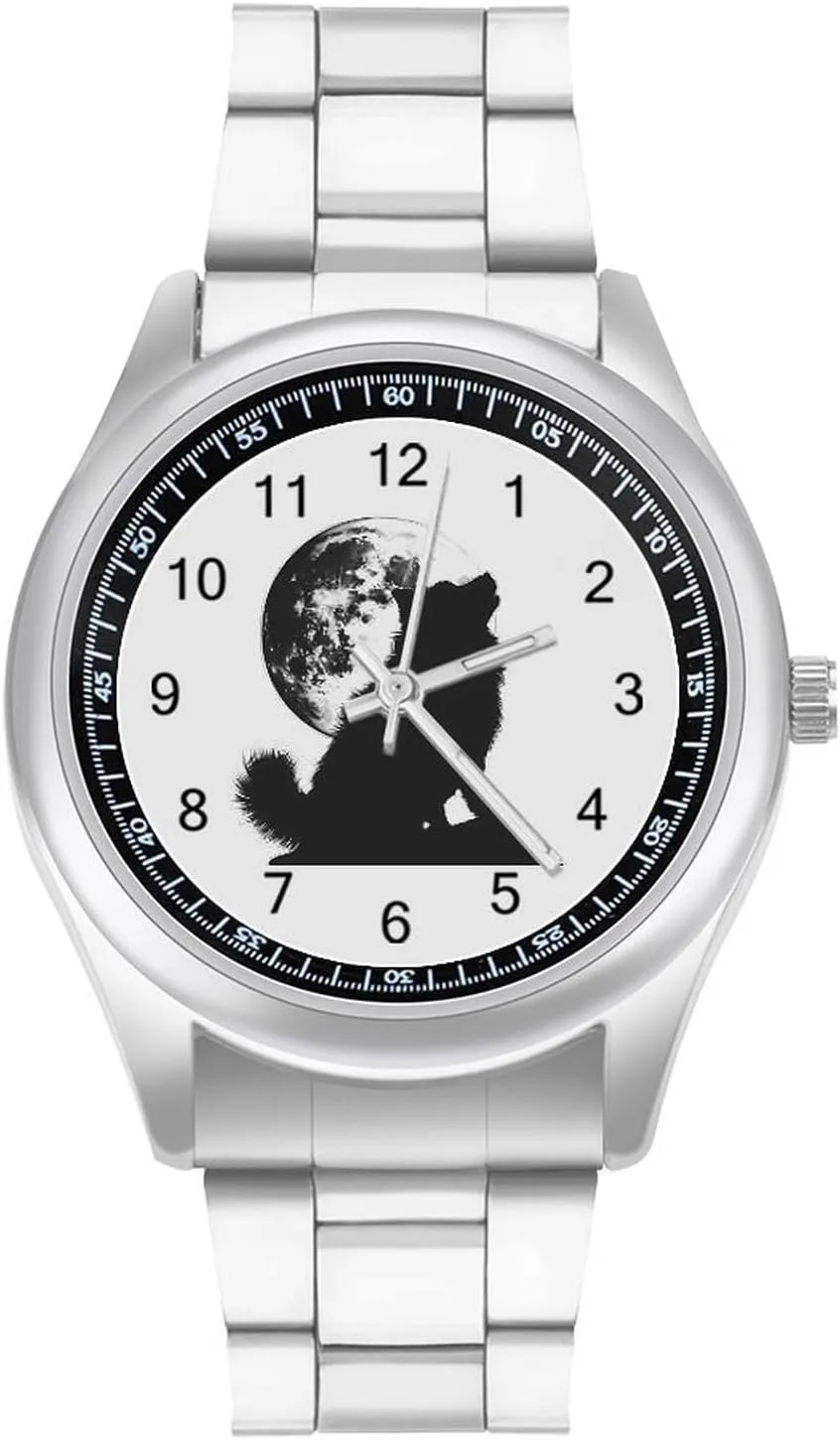 Chow Chow Dog Breed Full Moon Watches Stainless Steel Band Wristwatch Business Dress Watch for Work Home