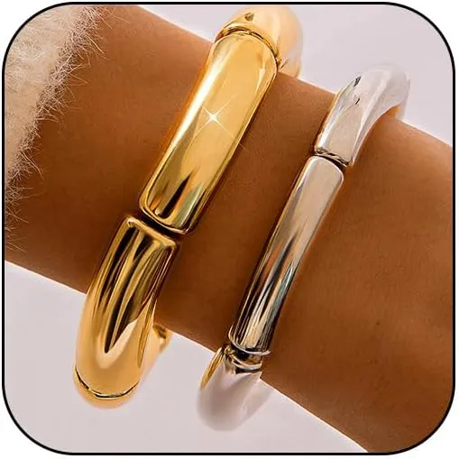 Chunky Two Tone Stretch Bangles Bracelets Stacks for Women Adjustable Stackable Gold and Silver Mixed Metal Stacked Cuff Bangle Bracelet Sets Jewelry