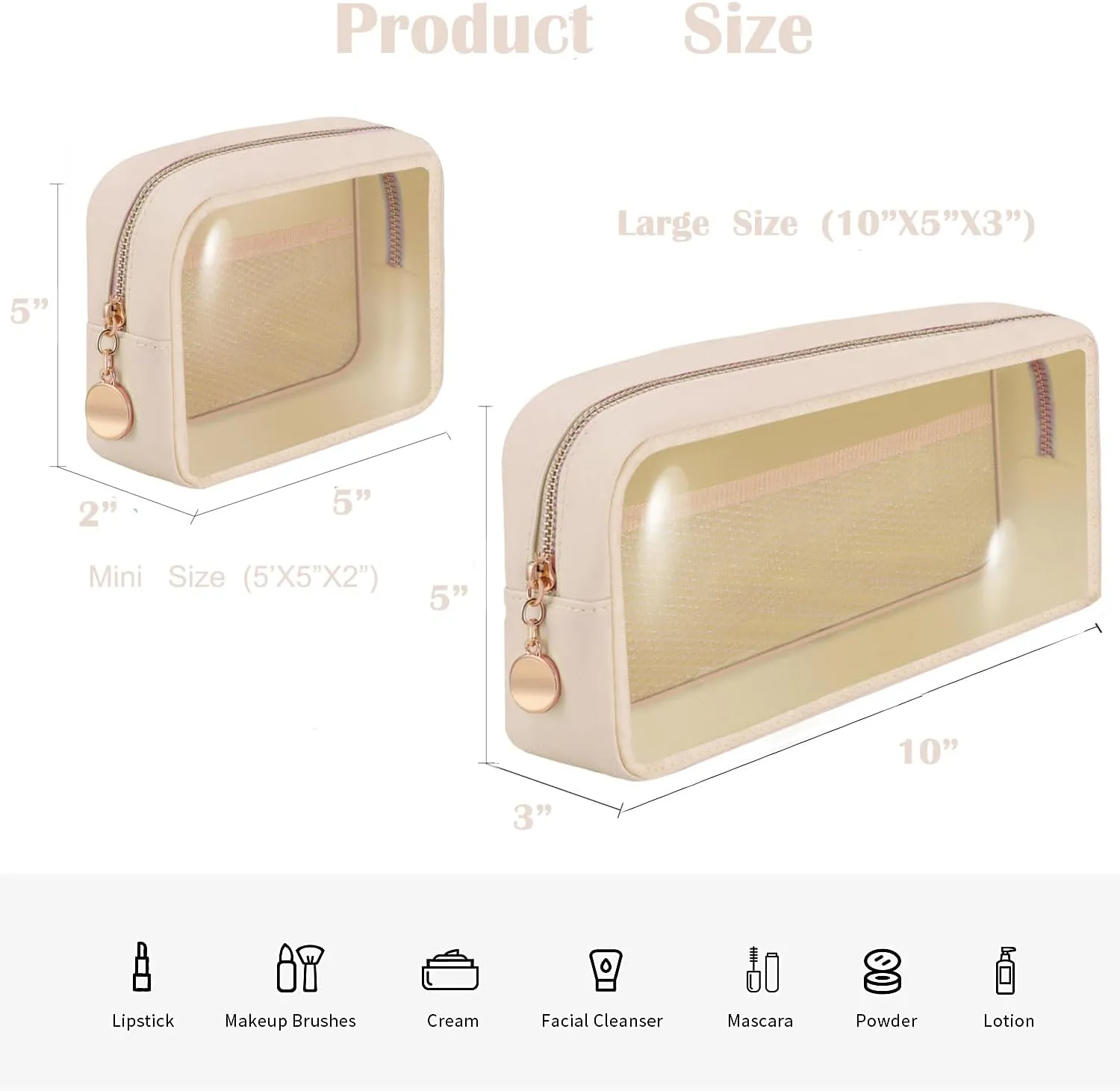 Clear Makeup Bags Set of 3, Waterproof Travel Cosmetic Organizer with Personalized Initial Patch, Preppy Toiletry Pouches for Women Beige I