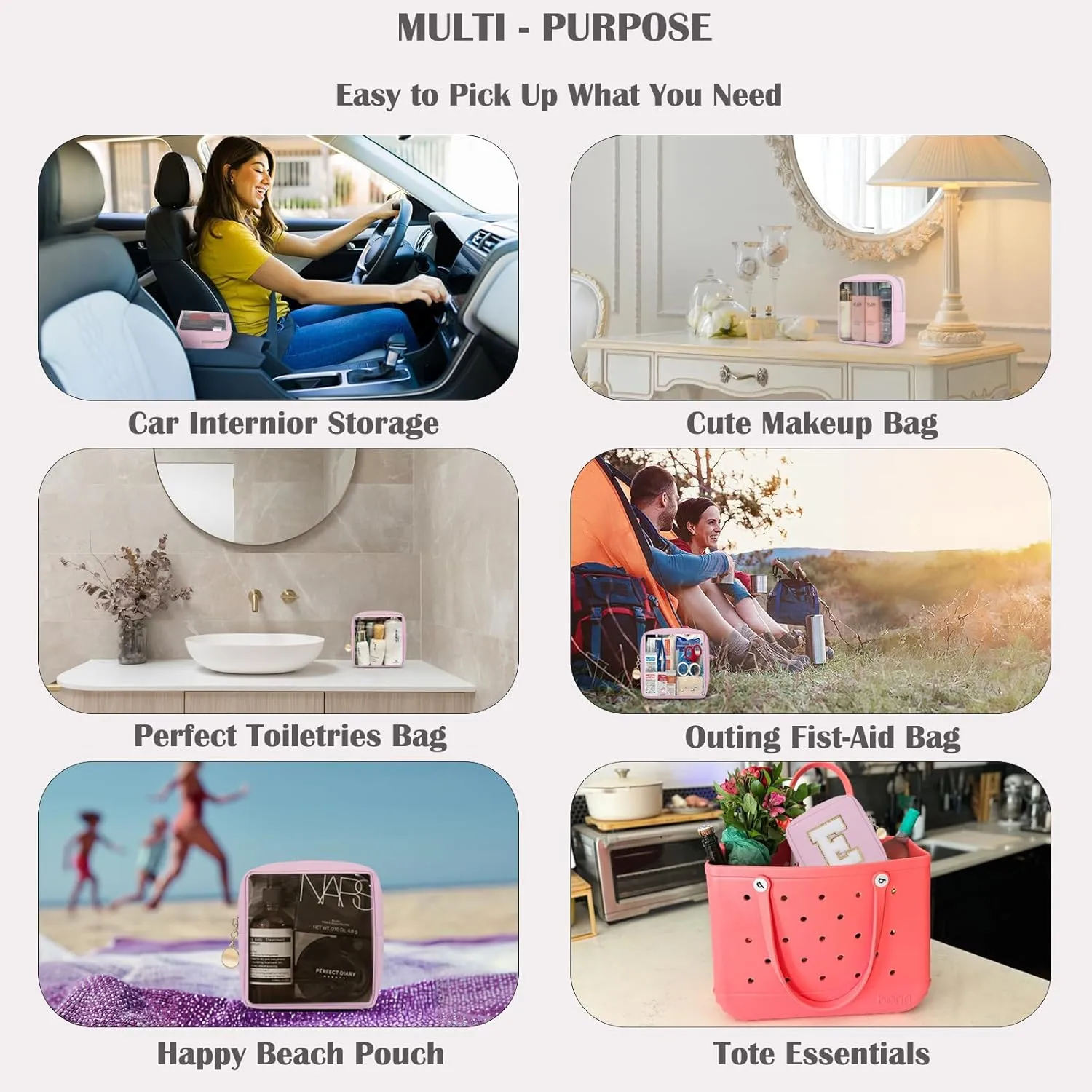 Clear Makeup Bags Set of 3, Waterproof Travel Cosmetic Organizer with Personalized Initial Patch, Preppy Toiletry Pouches for Women Beige I