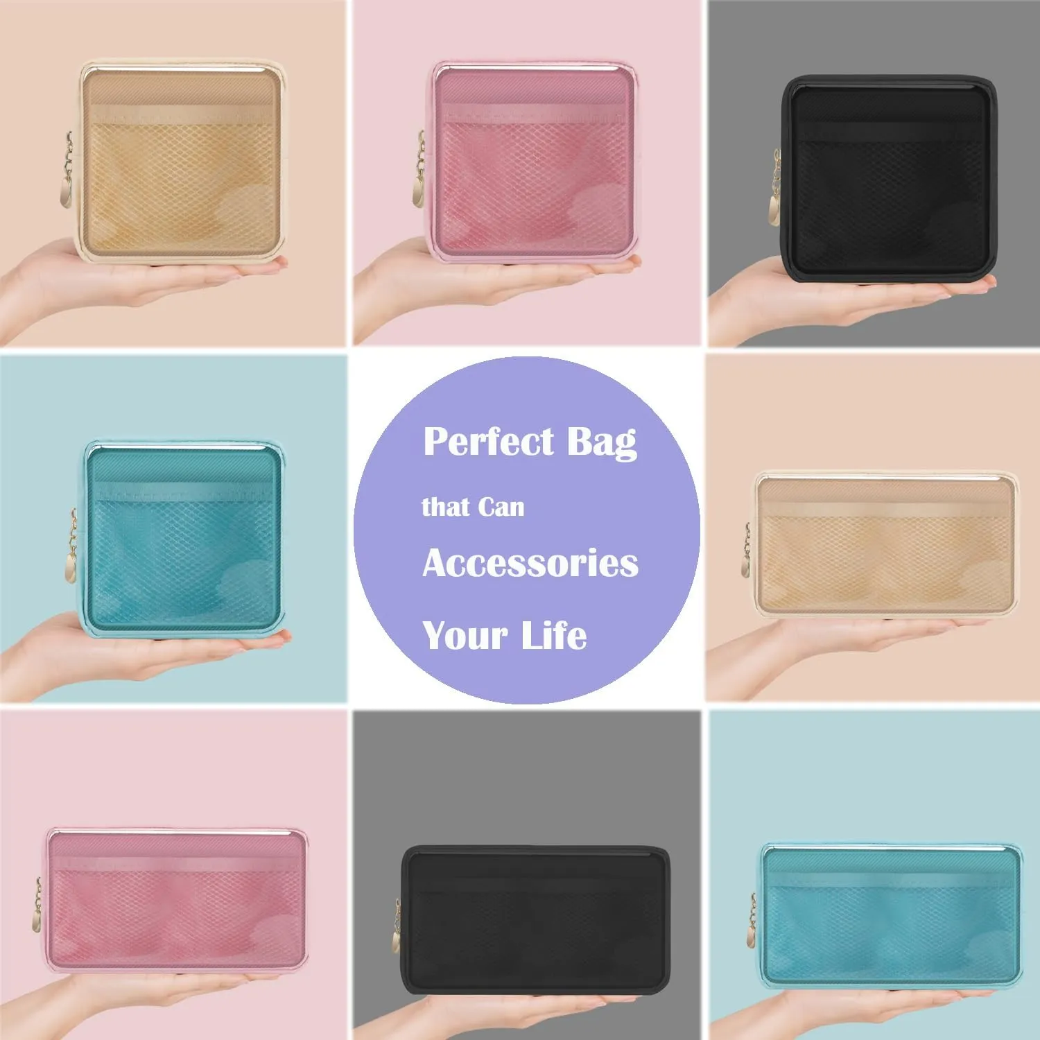 Clear Makeup Bags Set of 3, Waterproof Travel Cosmetic Organizer with Personalized Initial Patch, Preppy Toiletry Pouches for Women Beige I