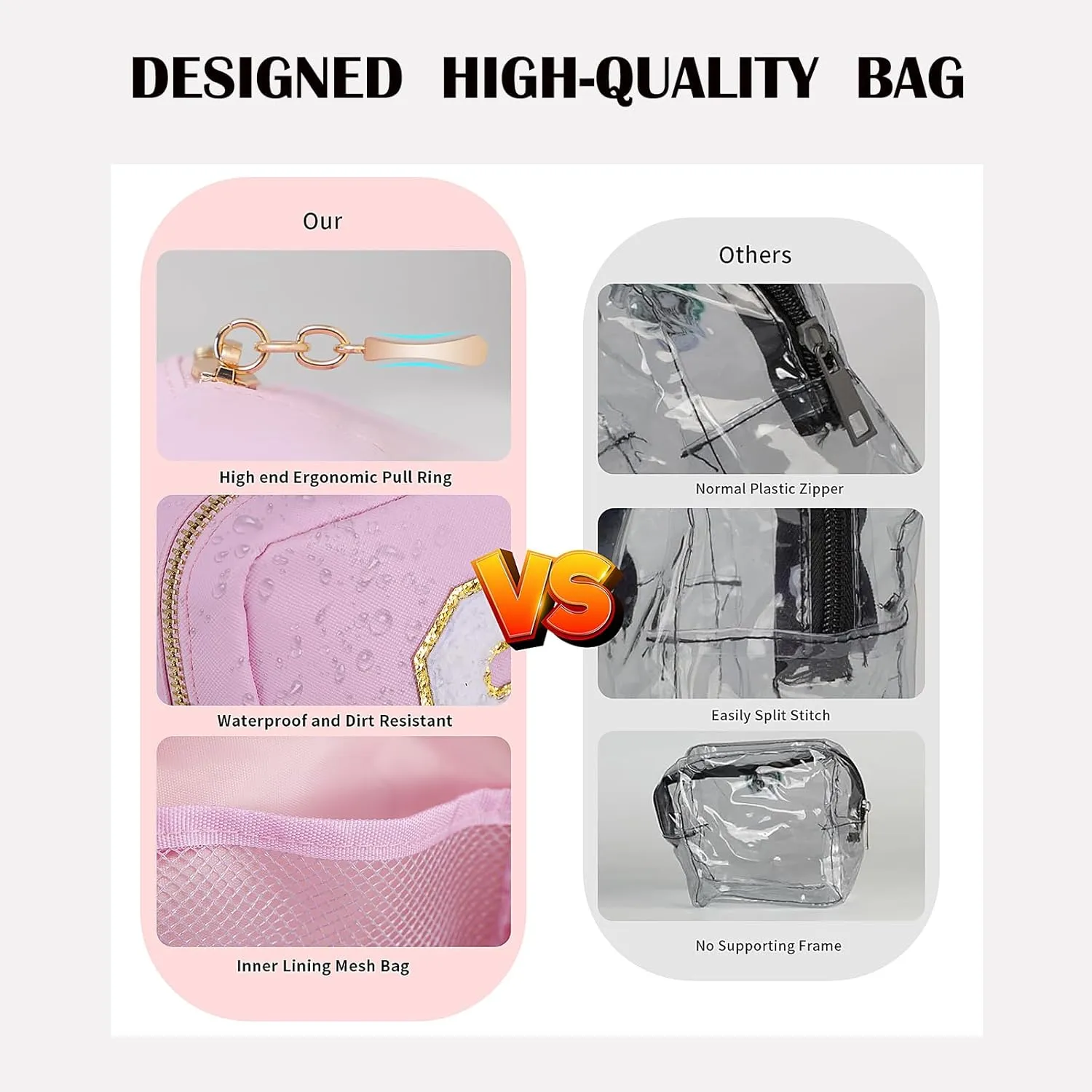 Clear Makeup Bags Set of 3, Waterproof Travel Cosmetic Organizer with Personalized Initial Patch, Preppy Toiletry Pouches for Women Beige I