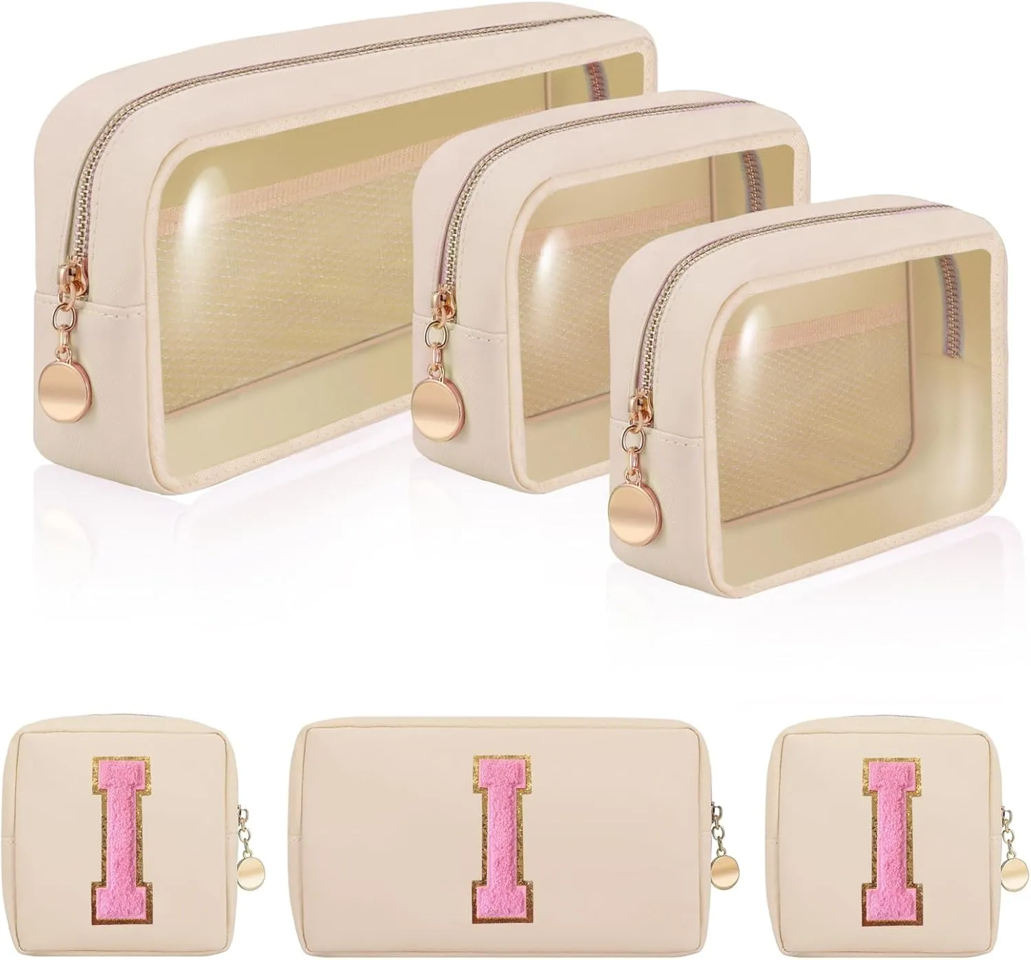 Clear Makeup Bags Set of 3, Waterproof Travel Cosmetic Organizer with Personalized Initial Patch, Preppy Toiletry Pouches for Women Beige I