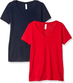 Clementine Apparel Women's 2 pack Short Sleeve T Shirts Easy Tag V Neck Soft Cotton Blend Undershirt tees (1540)
