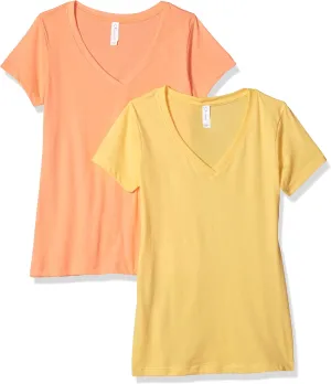 Clementine Apparel Women's 2 pack Short Sleeve T Shirts Easy Tag V Neck Soft Cotton Blend Undershirt tees (1540)