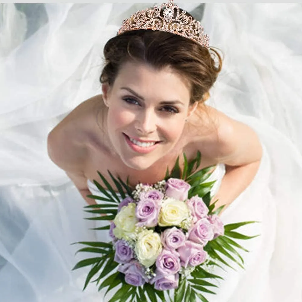 COCIDE Tiara Crystal Crowns Princess Rhinestone Crown with Combs Bride Headbands Bridal Wedding Prom Birthday Party Hair Accessories Jewelry for Women Girls (Rose Gold)