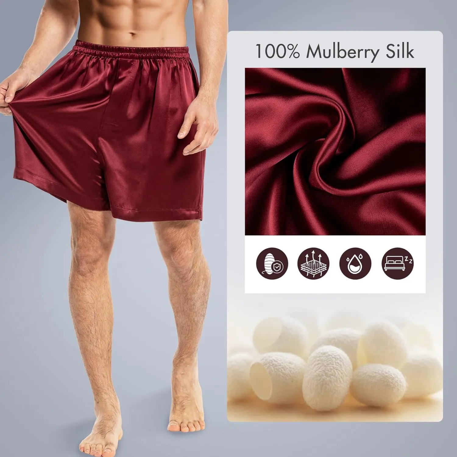 COLD POSH Men's Silk Boxers Luxury Mulberry Silk Underwear, Smooth Loungewear Shorts