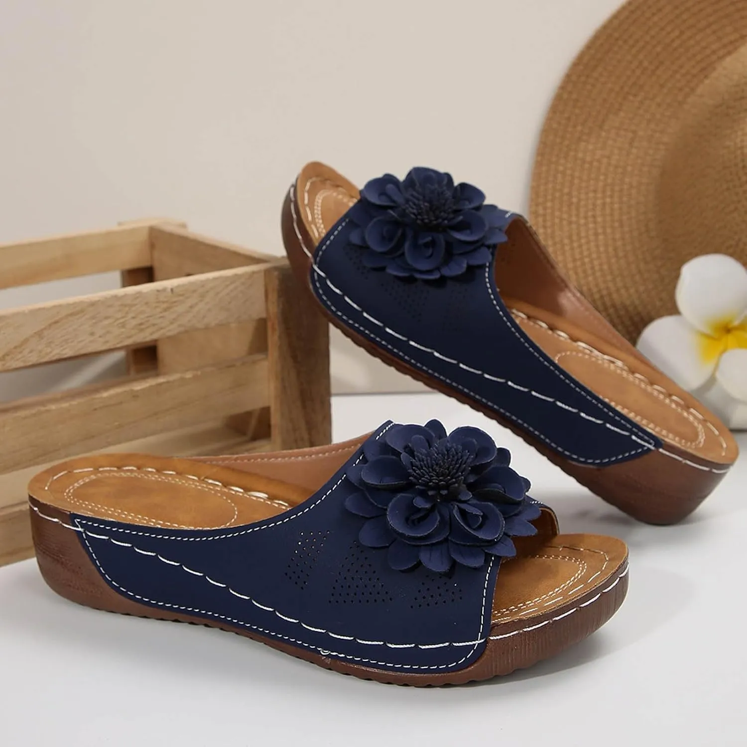 Comfortable Non-Slip Open-Toe Wedge Sandals for Women Dress Orthopedic Summer Ladies Platform Leather Wedge Arch Support Slip on Shoes Dressy