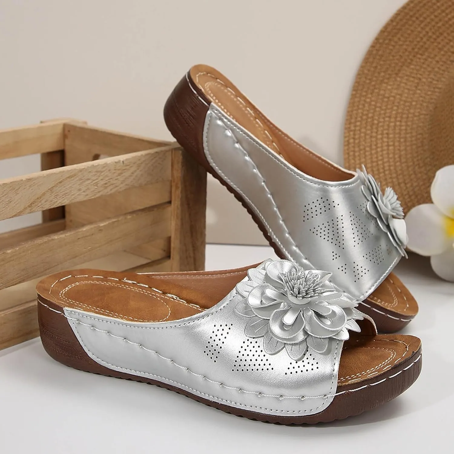 Comfortable Non-Slip Open-Toe Wedge Sandals for Women Dress Orthopedic Summer Ladies Platform Leather Wedge Arch Support Slip on Shoes Dressy