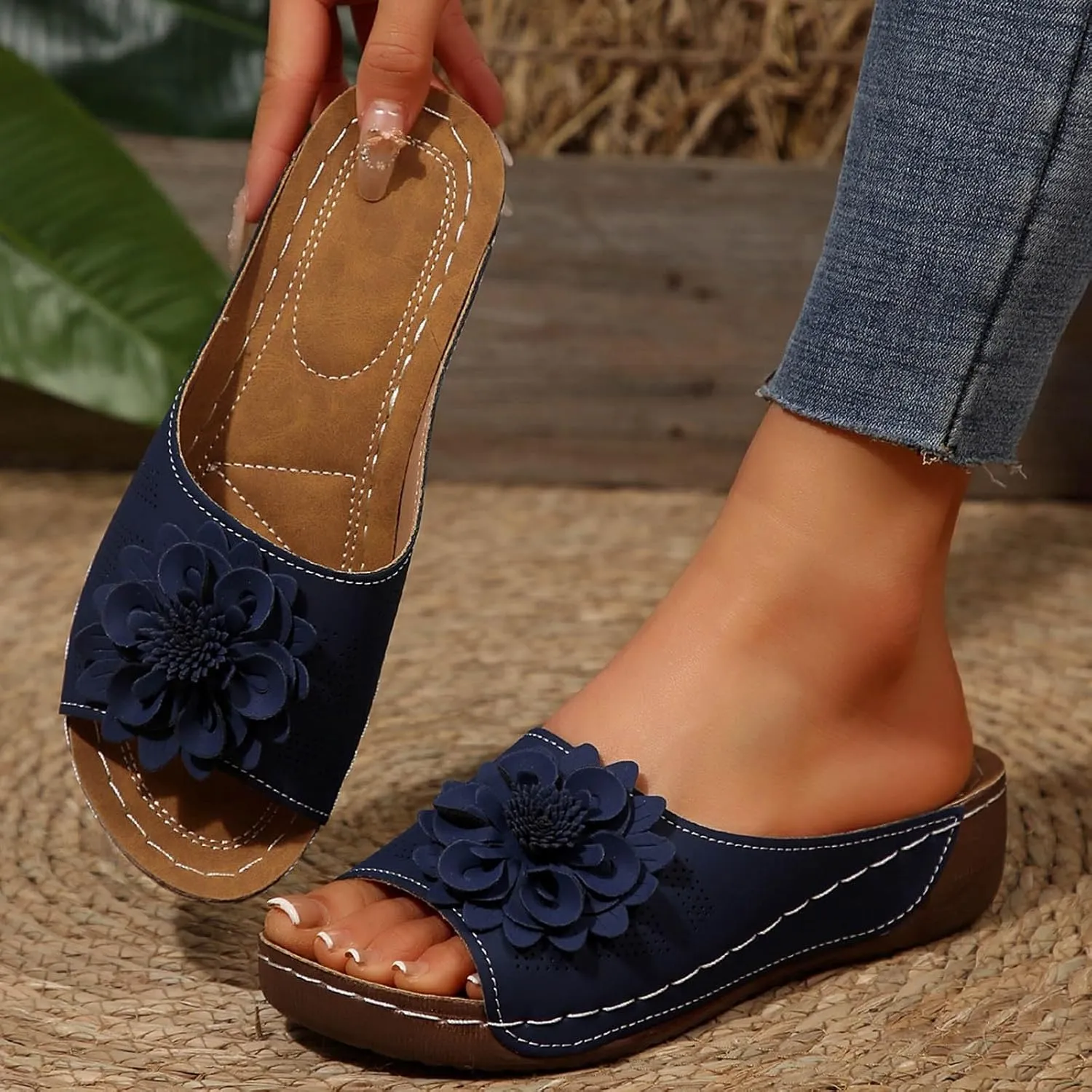 Comfortable Non-Slip Open-Toe Wedge Sandals for Women Dress Orthopedic Summer Ladies Platform Leather Wedge Arch Support Slip on Shoes Dressy