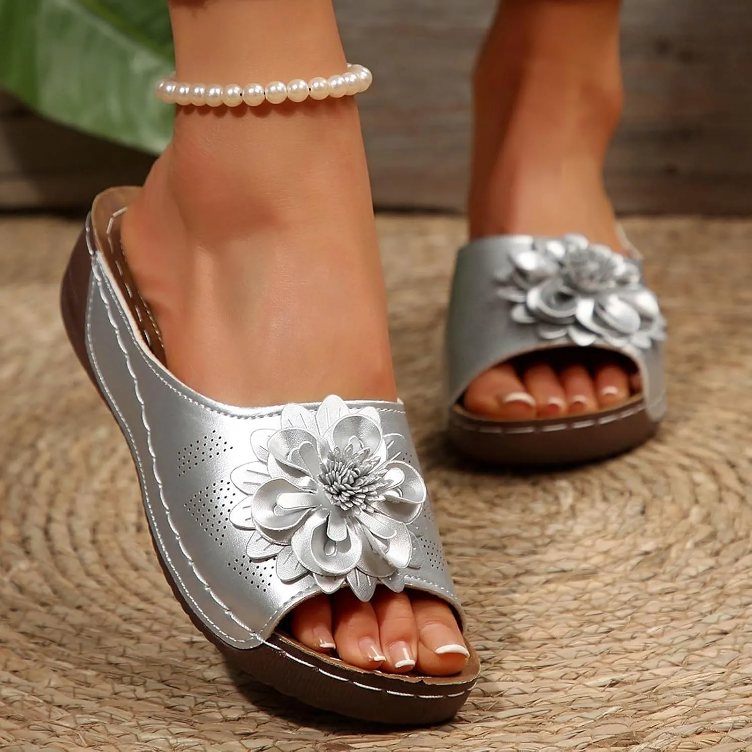 Comfortable Non-Slip Open-Toe Wedge Sandals for Women Dress Orthopedic Summer Ladies Platform Leather Wedge Arch Support Slip on Shoes Dressy
