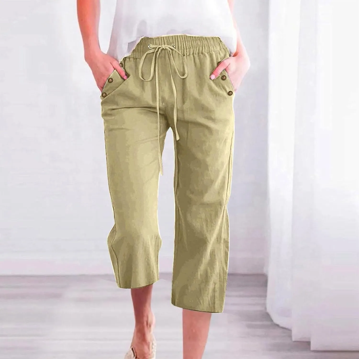 Cotton Linen Capri Pants Women Stretch Breathable Casual Pant Elastic Waist Solid Color Work Loose Comfy Cropped Pant