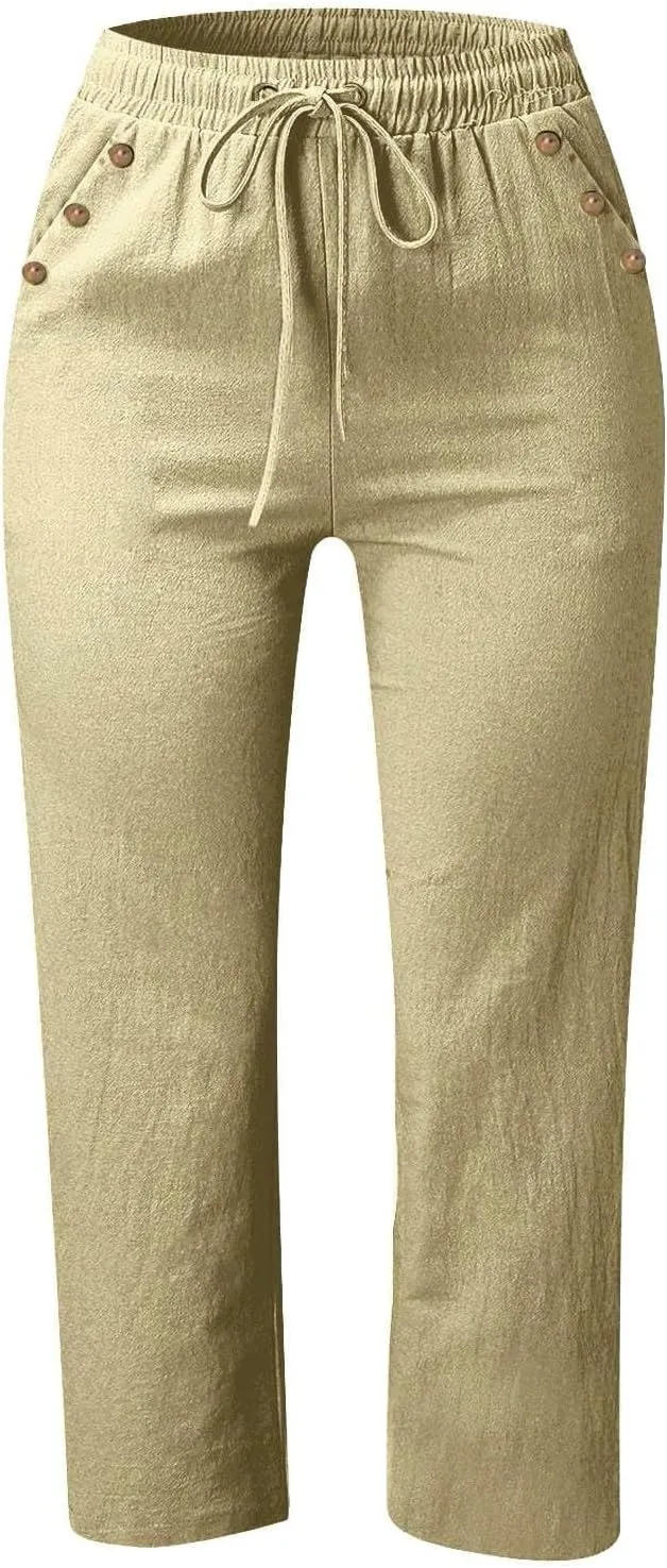 Cotton Linen Capri Pants Women Stretch Breathable Casual Pant Elastic Waist Solid Color Work Loose Comfy Cropped Pant