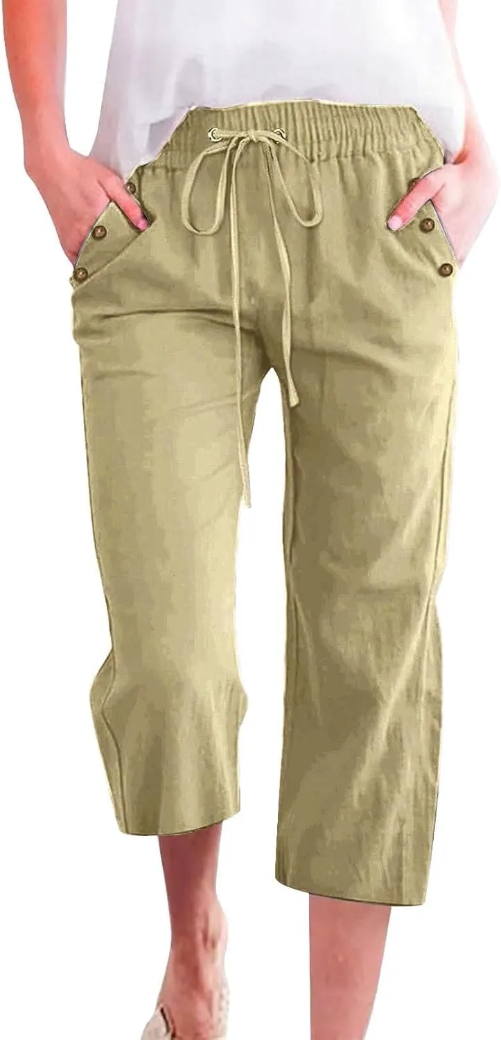 Cotton Linen Capri Pants Women Stretch Breathable Casual Pant Elastic Waist Solid Color Work Loose Comfy Cropped Pant