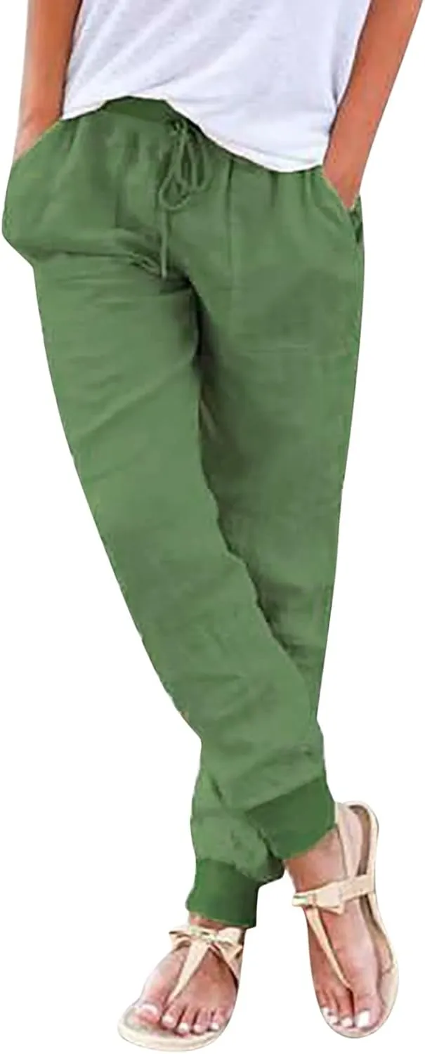 Cotton Linen Pants Women Breathable Comfy Solid Color Palazzo Pants Casual Trendy Elastic Waist Trousers with Pockets