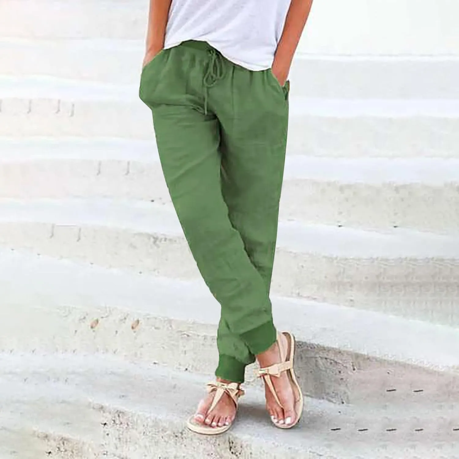 Cotton Linen Pants Women Breathable Comfy Solid Color Palazzo Pants Casual Trendy Elastic Waist Trousers with Pockets