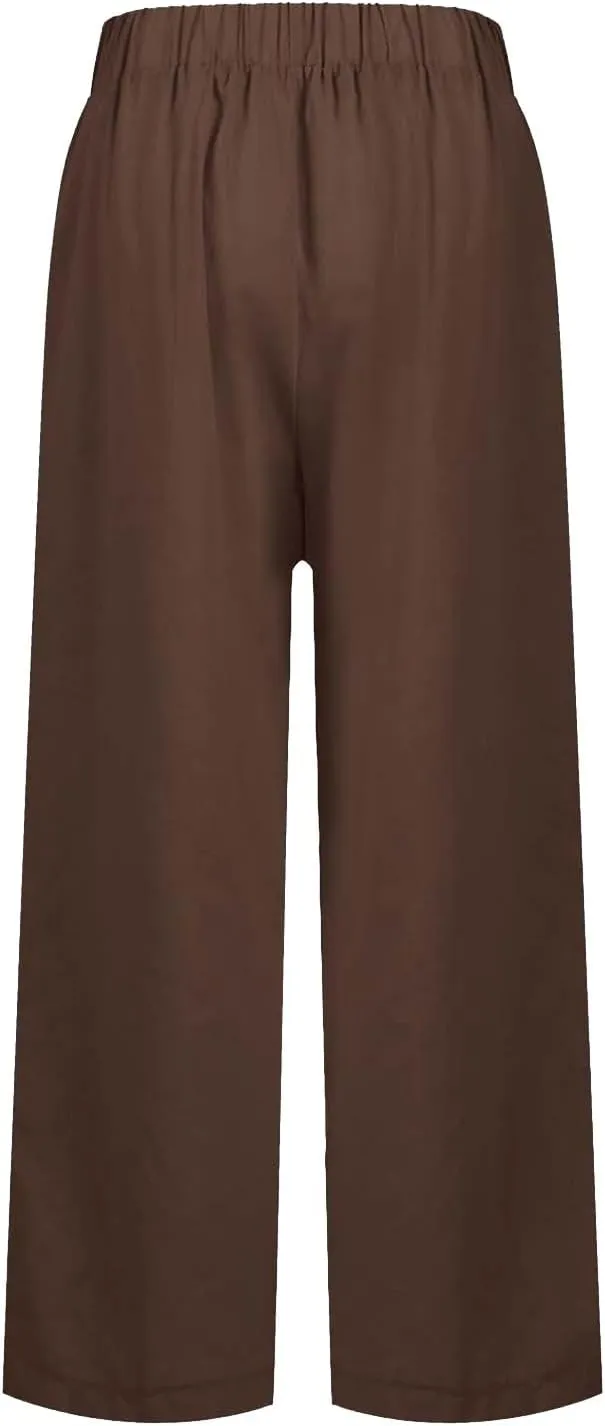 Cotton Linen Pants Women High Waist Straight Leg Loose Lounge Pants Solid Baggy Lightweight Pant with Side Pockets