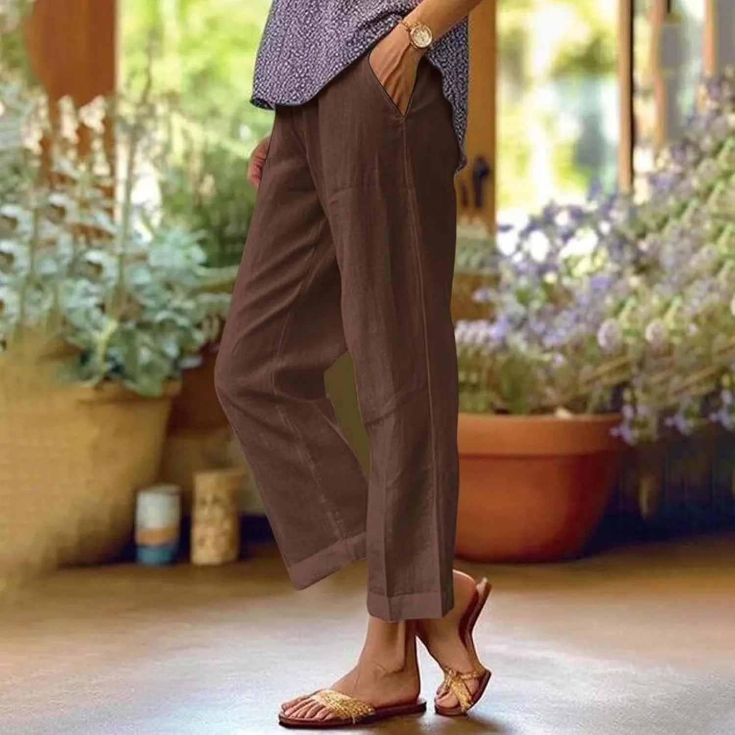 Cotton Linen Pants Women High Waist Straight Leg Loose Lounge Pants Solid Baggy Lightweight Pant with Side Pockets