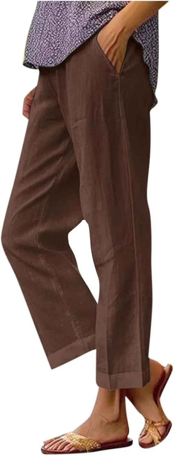 Cotton Linen Pants Women High Waist Straight Leg Loose Lounge Pants Solid Baggy Lightweight Pant with Side Pockets