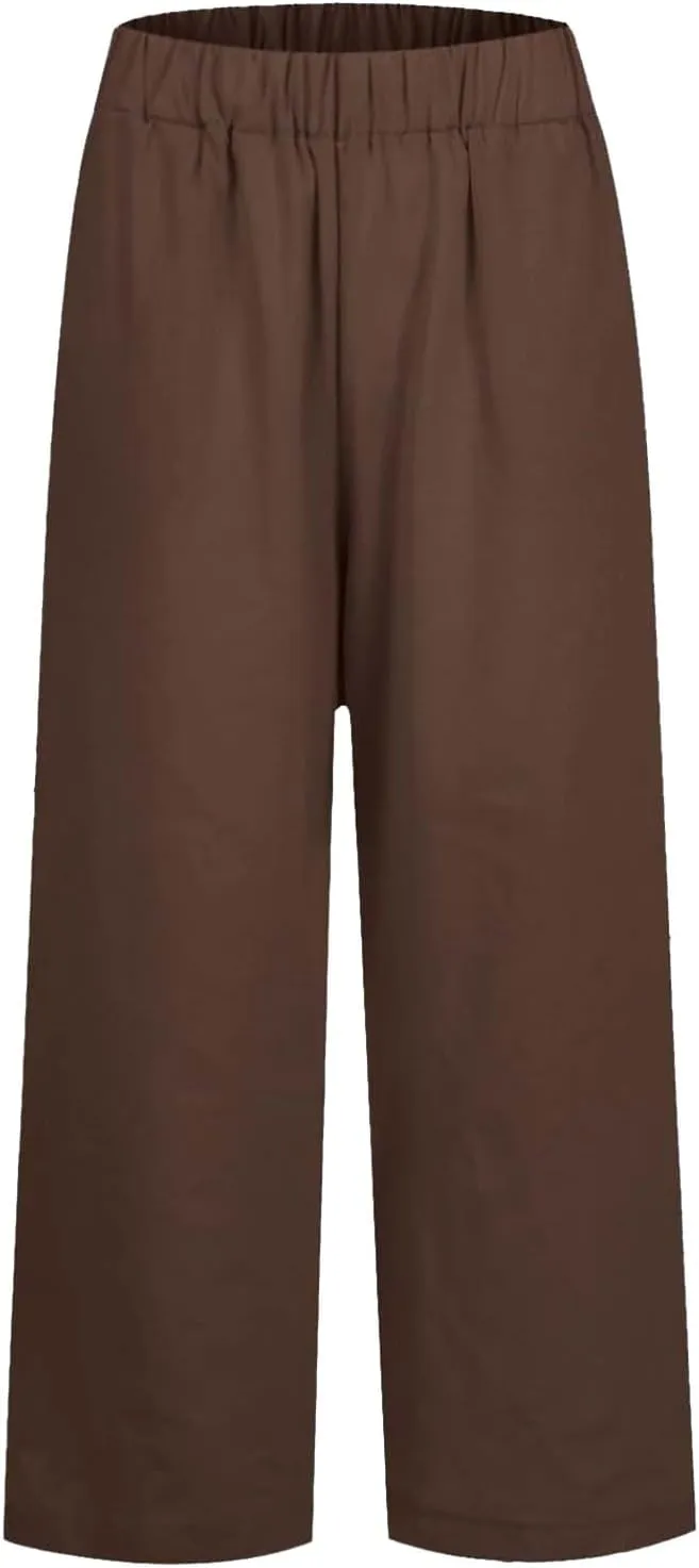 Cotton Linen Pants Women High Waist Straight Leg Loose Lounge Pants Solid Baggy Lightweight Pant with Side Pockets