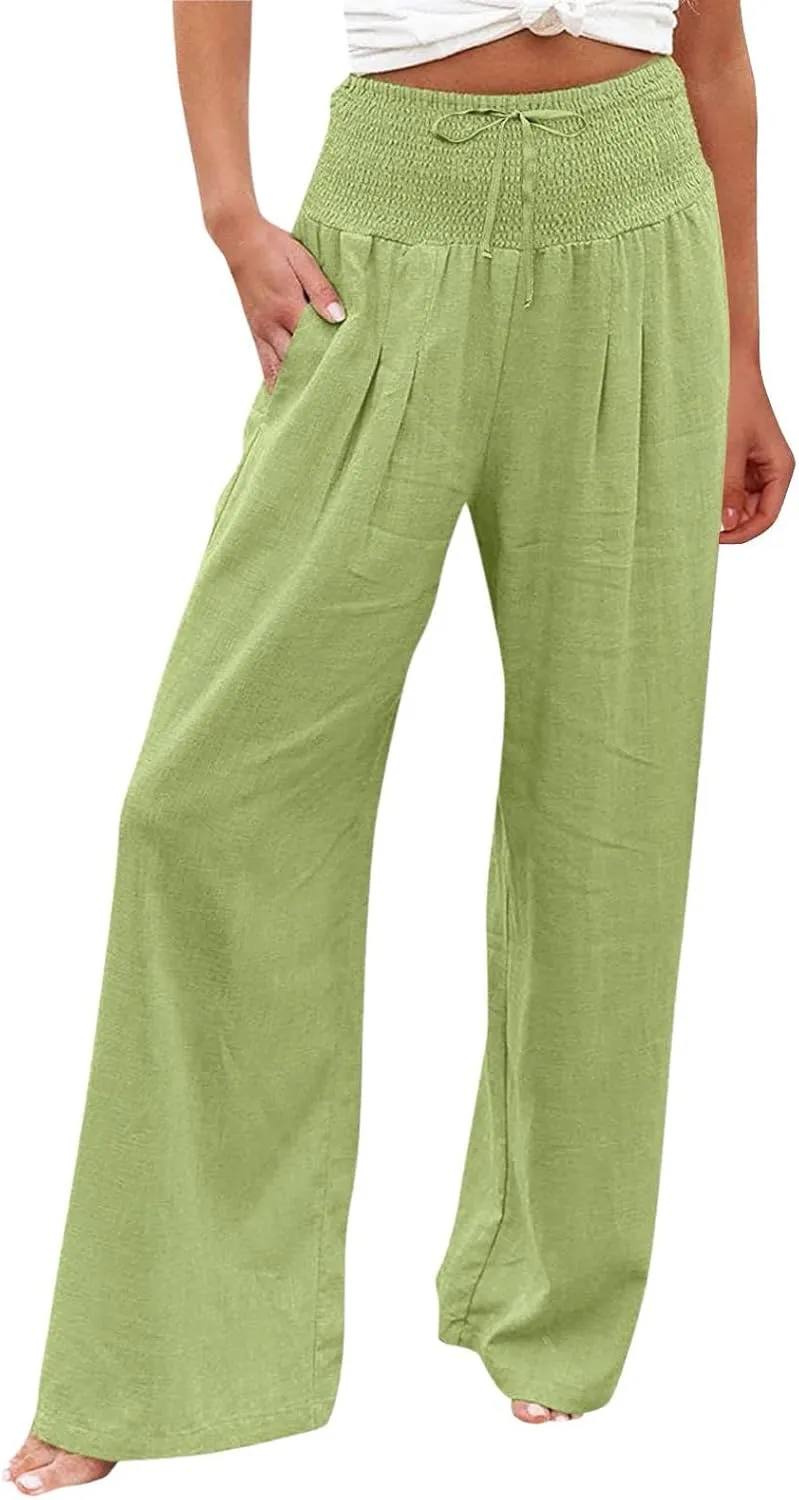 Cotton Linen Pants Women Long Wide Leg Bow Smocked Waist Baggy Pants Lightweight Trendy Beach Vacation Casual Slacks