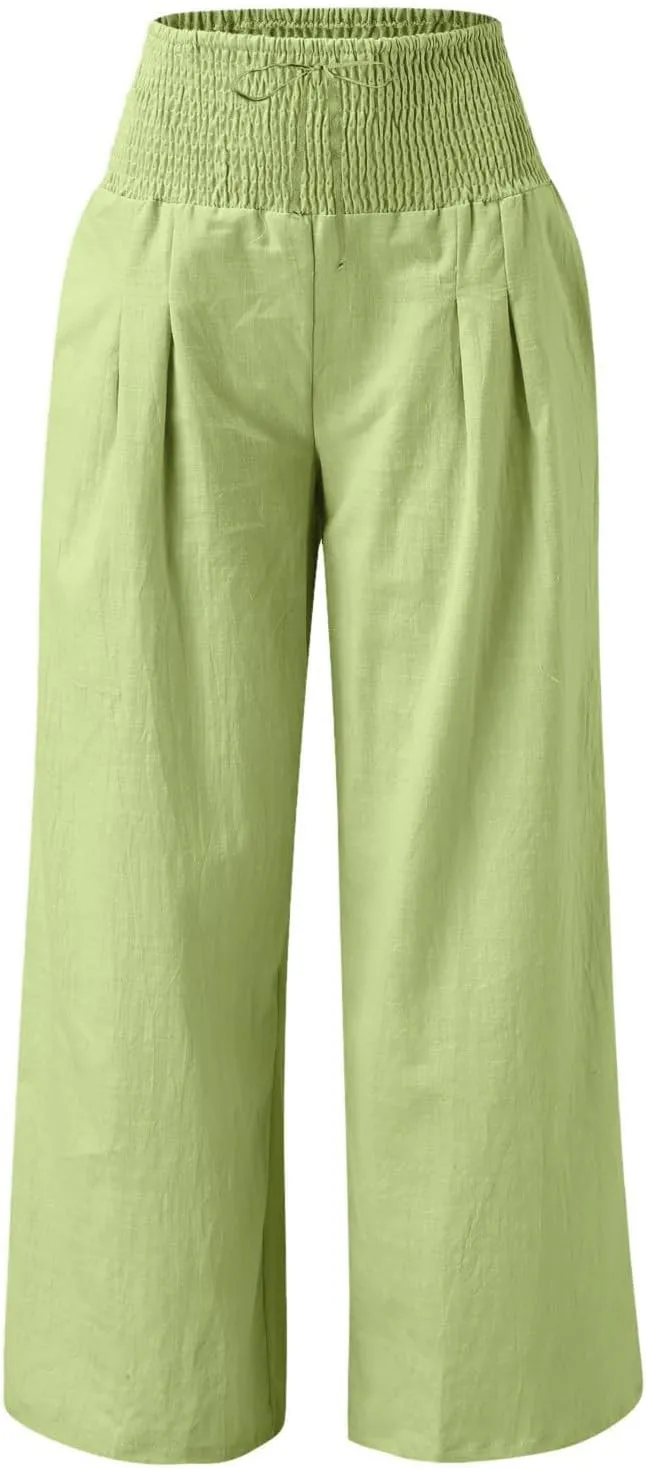 Cotton Linen Pants Women Long Wide Leg Bow Smocked Waist Baggy Pants Lightweight Trendy Beach Vacation Casual Slacks
