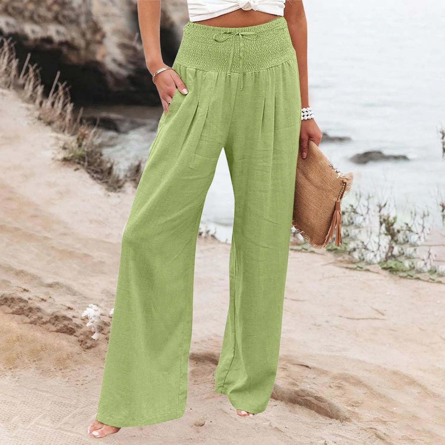 Cotton Linen Pants Women Long Wide Leg Bow Smocked Waist Baggy Pants Lightweight Trendy Beach Vacation Casual Slacks