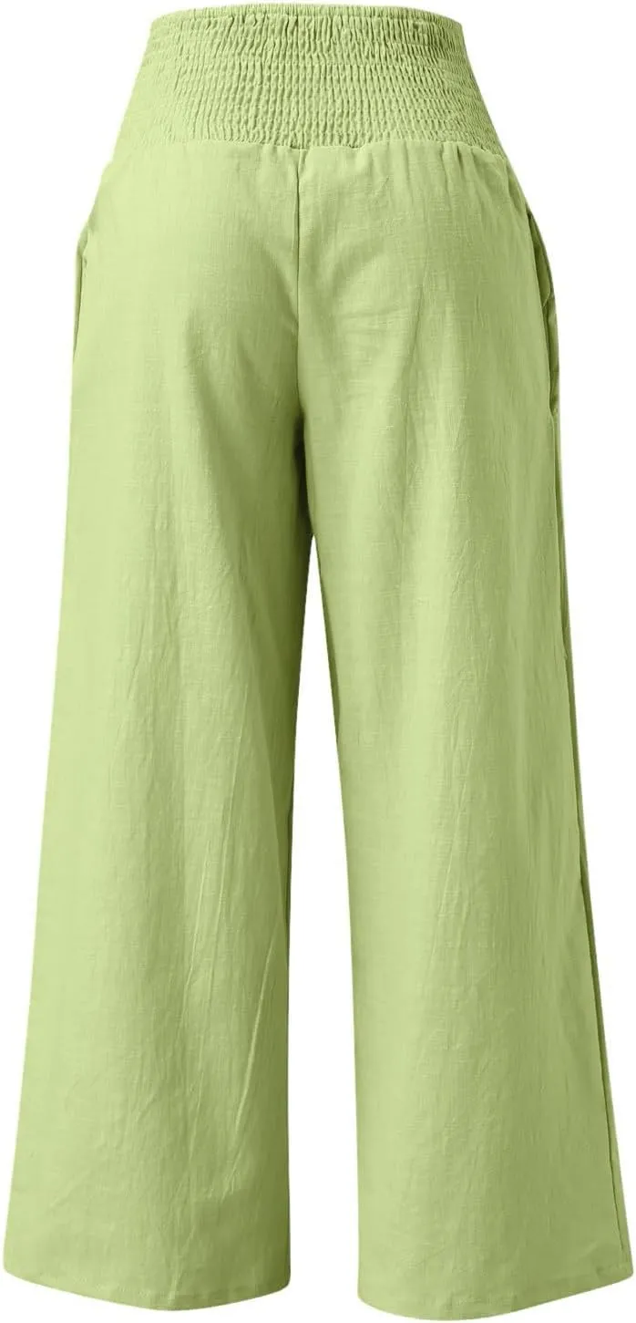 Cotton Linen Pants Women Long Wide Leg Bow Smocked Waist Baggy Pants Lightweight Trendy Beach Vacation Casual Slacks
