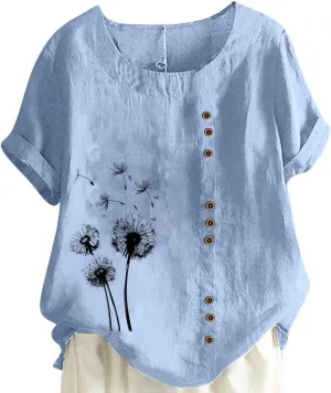 Cotton Linen Tops for Women Loose Fit Casual Roll Up Short Sleeve T-Shirt Cute Floral Print Boho Blouse 2025 Summer