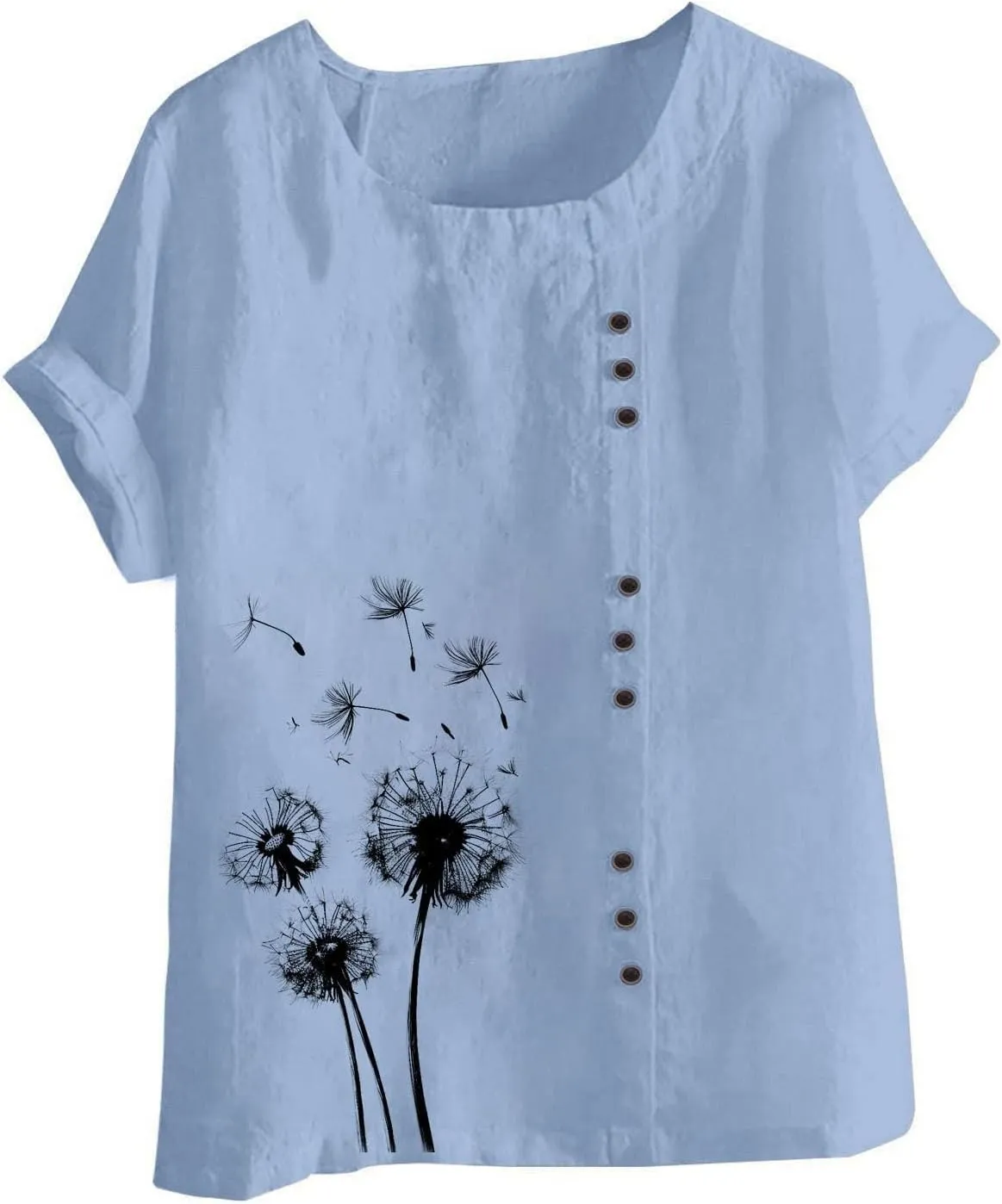 Cotton Linen Tops for Women Loose Fit Casual Roll Up Short Sleeve T-Shirt Cute Floral Print Boho Blouse 2025 Summer