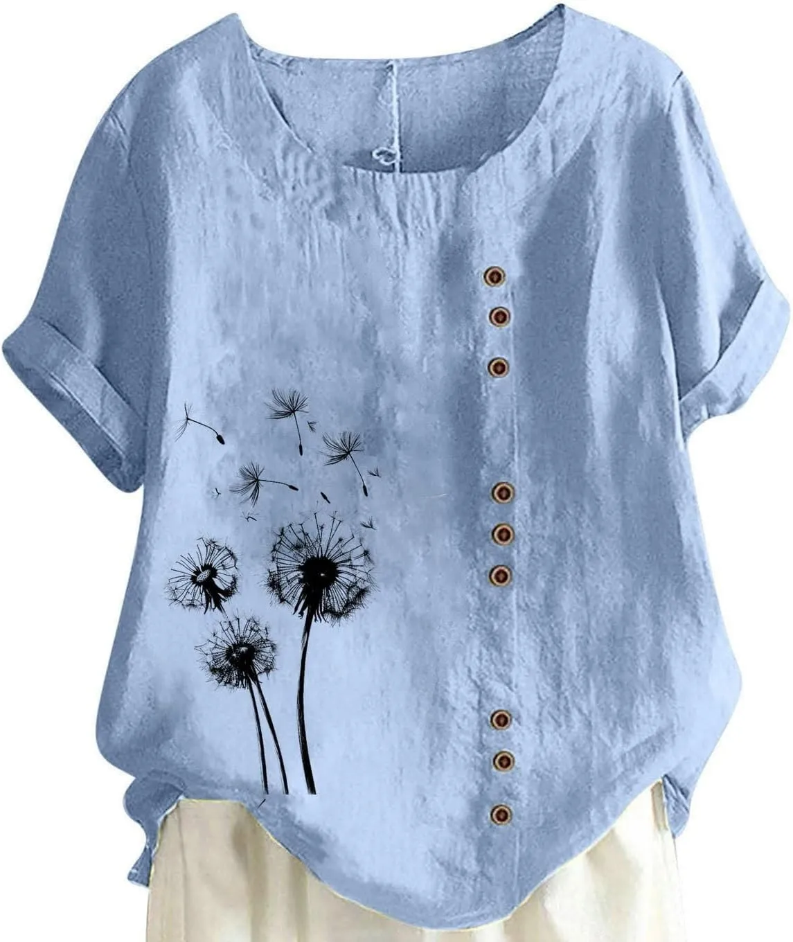 Cotton Linen Tops for Women Loose Fit Casual Roll Up Short Sleeve T-Shirt Cute Floral Print Boho Blouse 2025 Summer