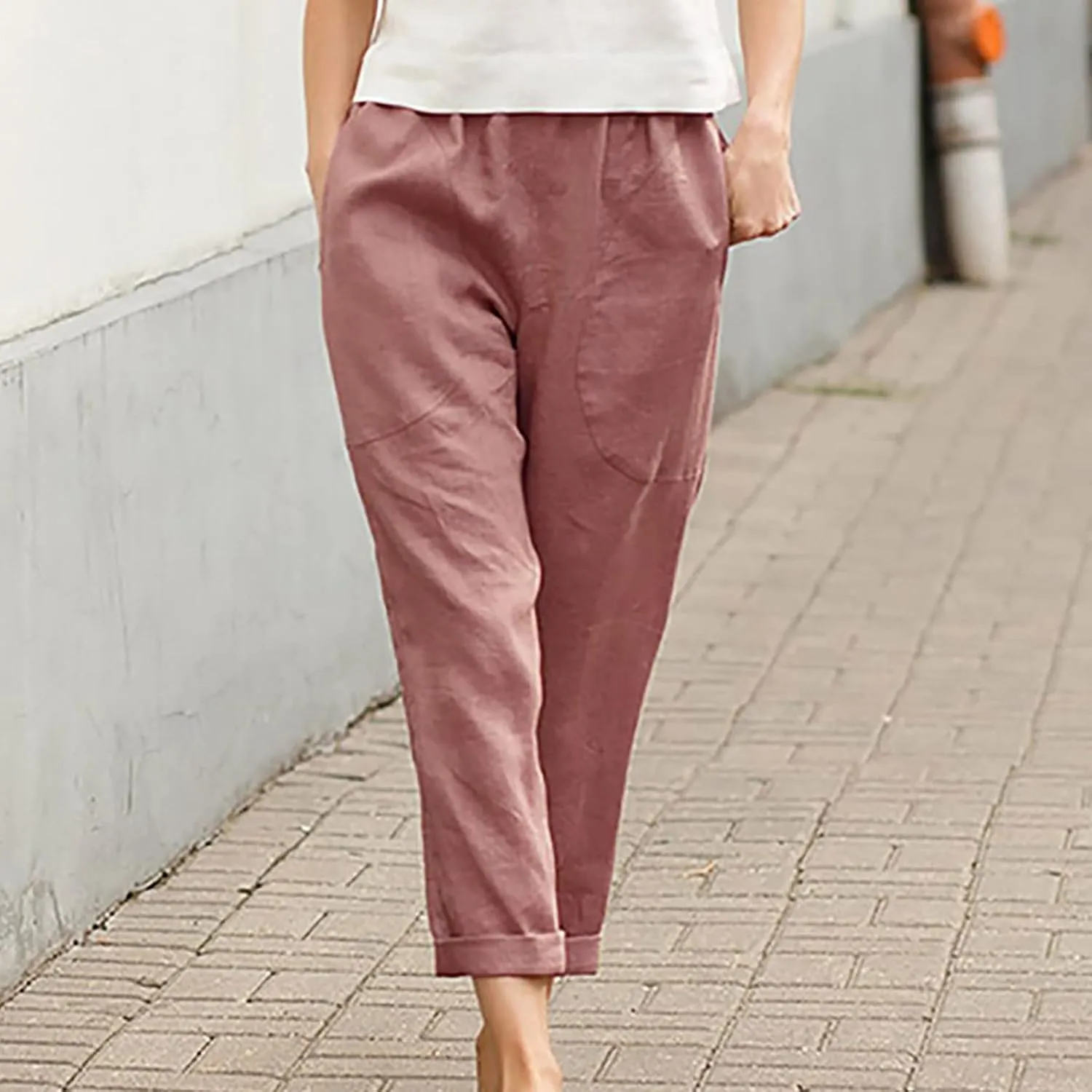 Cotton Linen Trouser for Women Casual Elastic Waist Pants Summer Loose Fit Beach Vacation with Big Pockets