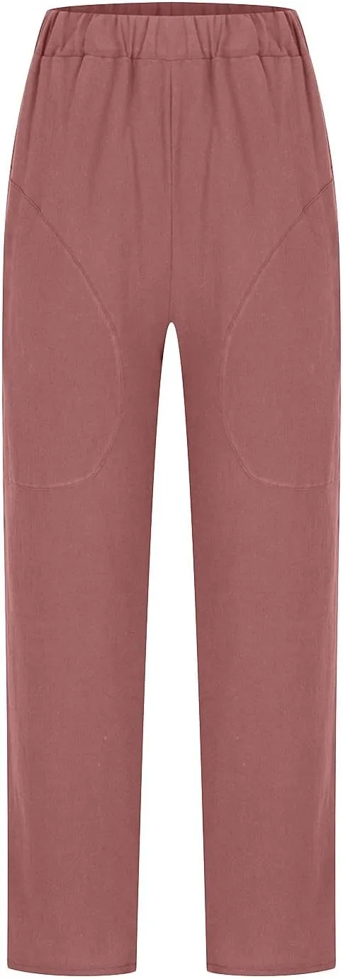 Cotton Linen Trouser for Women Casual Elastic Waist Pants Summer Loose Fit Beach Vacation with Big Pockets