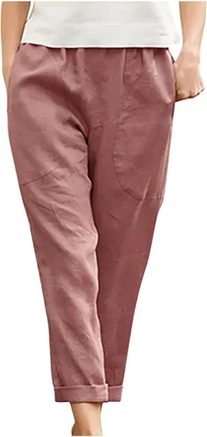 Cotton Linen Trouser for Women Casual Elastic Waist Pants Summer Loose Fit Beach Vacation with Big Pockets